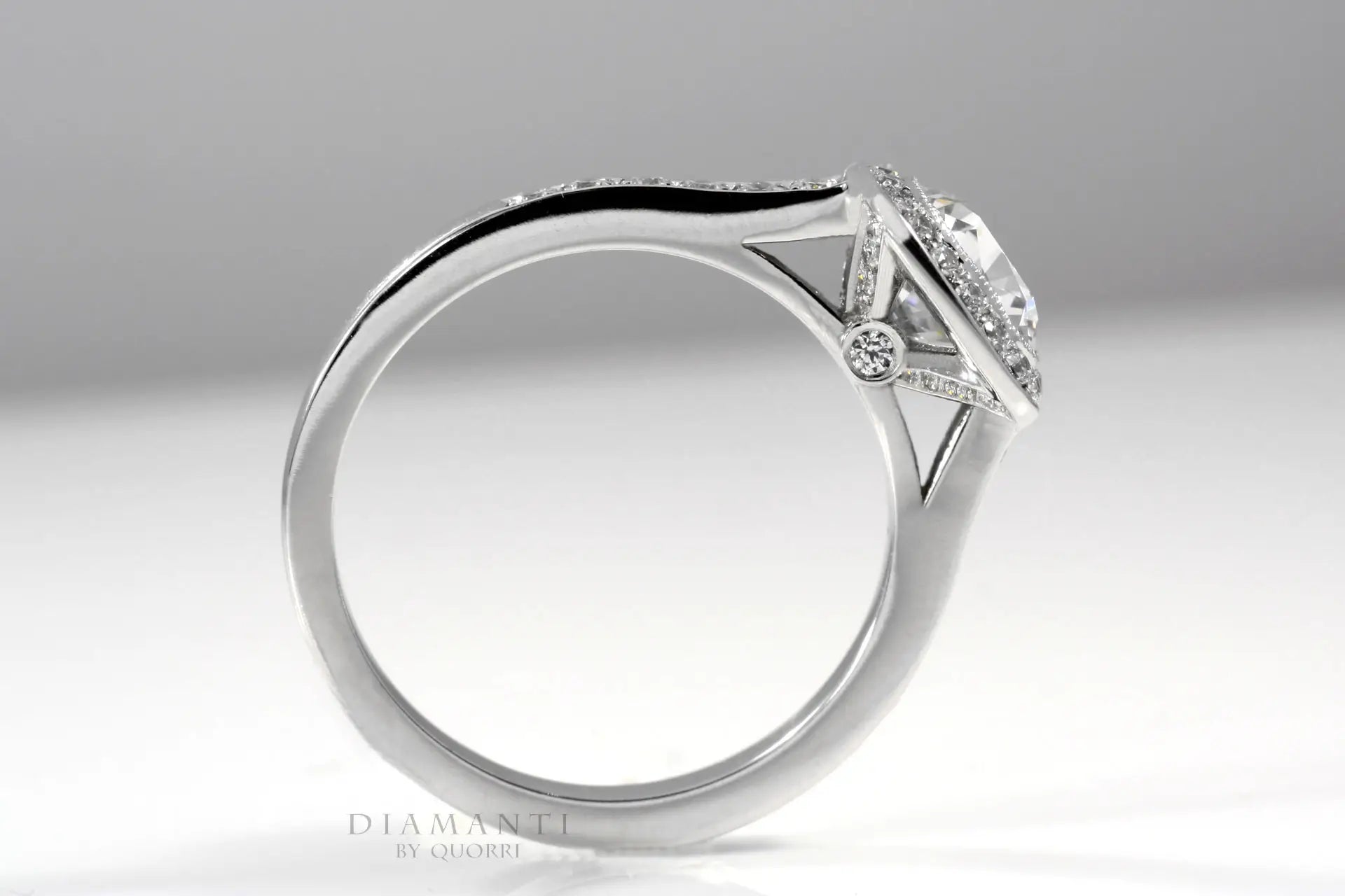 designer 18k white gold bezel set 3ct cushion lab diamond engagement ring Quorri Canada