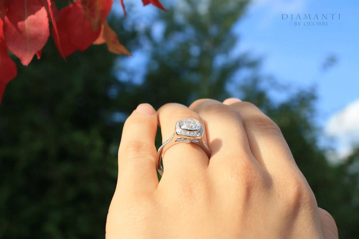 designer white gold bezel set 2.50 carat cushion lab diamond engagement ring Quorri Canada