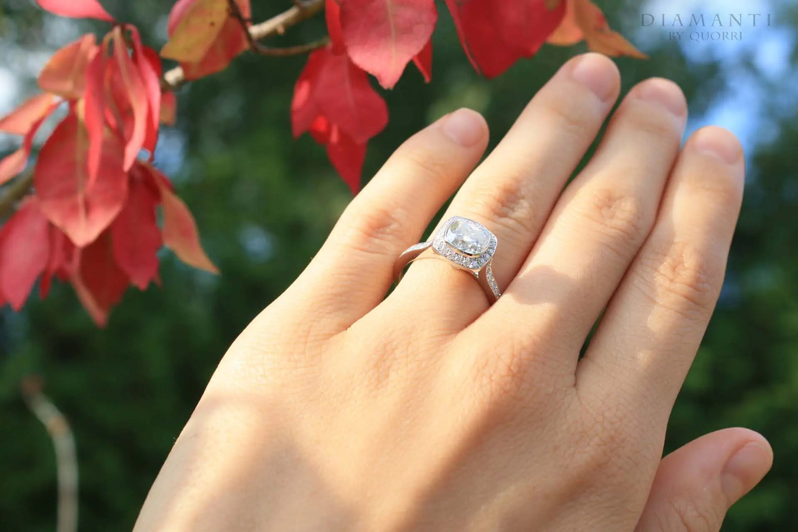 affordable designer 14k white gold bezel set 2 carat cushion lab grown diamond engagement ring Quorri Canada