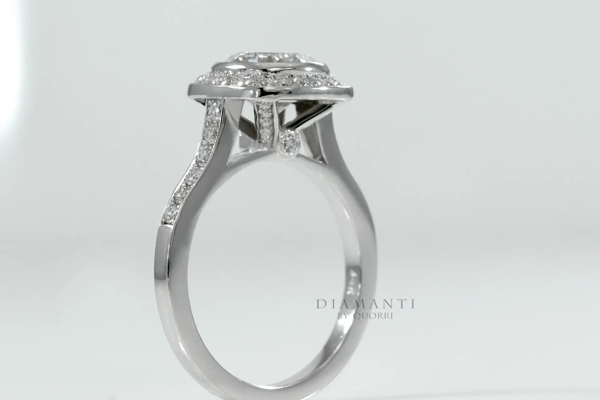 designer accented 18k white gold bezel set 2.5 carat cushion lab created diamond engagement ring Quorri Canada