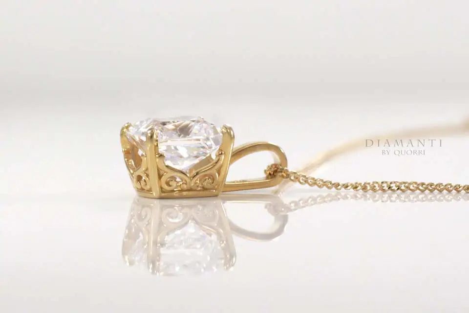 yellow gold filigree designer cushion cut lab diamond solitaire pendant Quorri