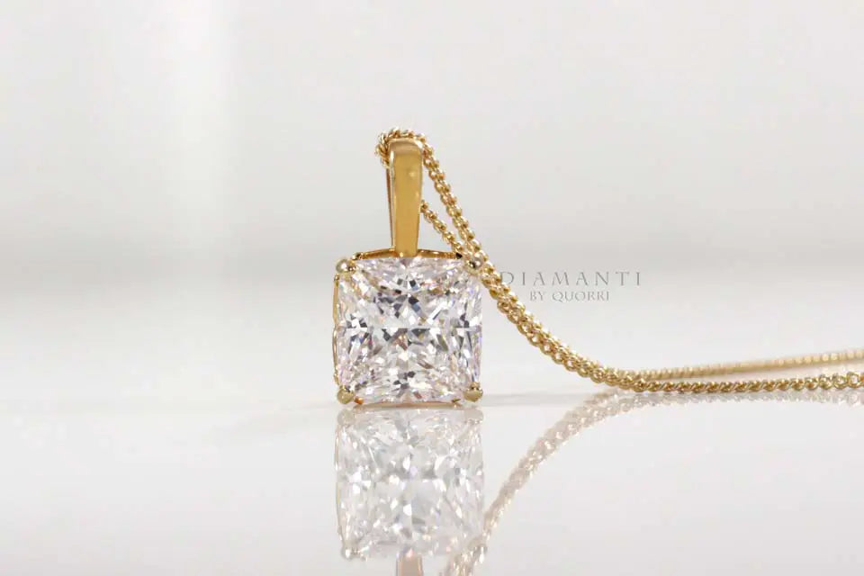 18k yellow gold designer cushion cut lab diamond solitaire pendant Quorri Canada