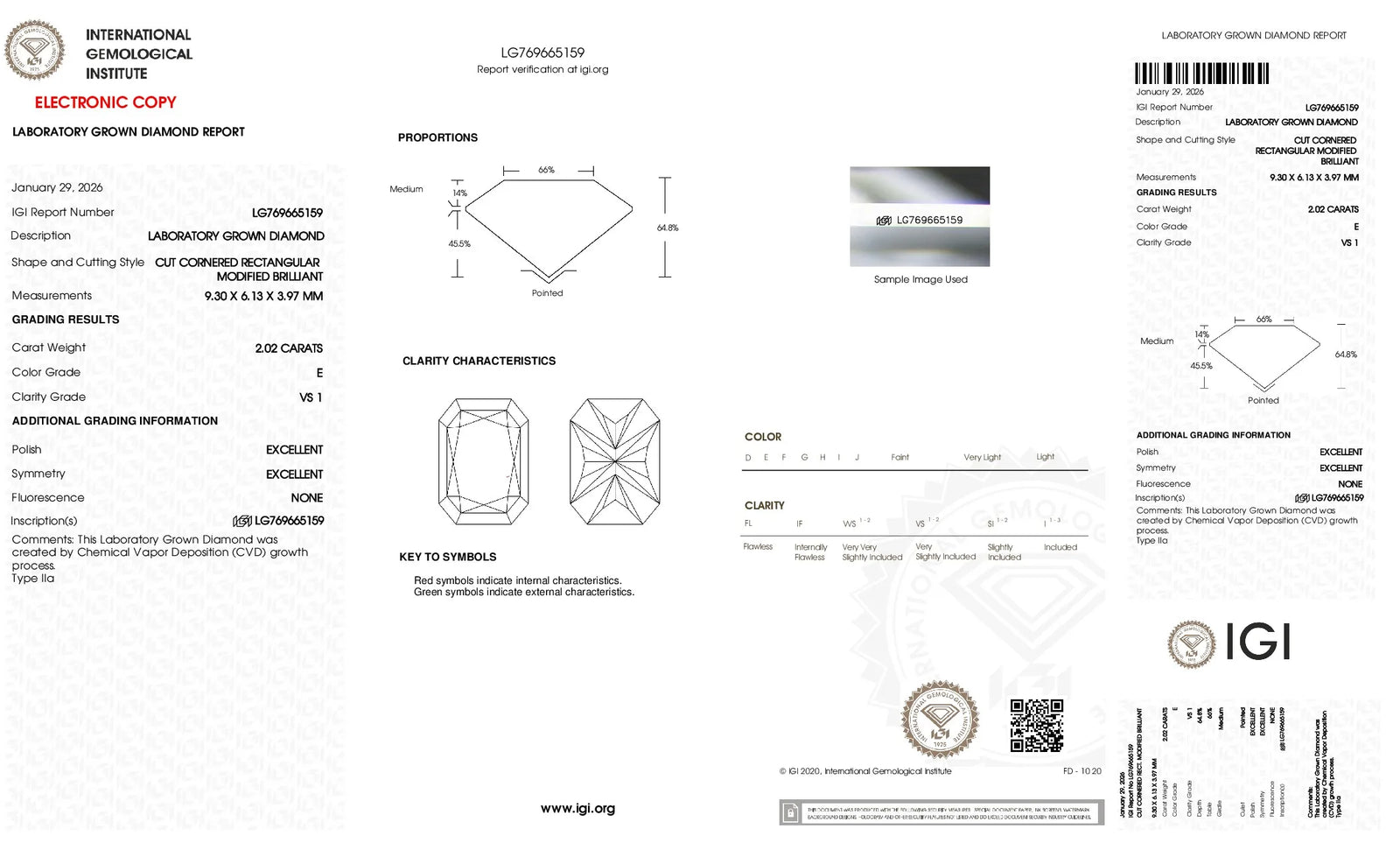 2 carat, e, vs1, radiant lab diamond certification from IGI