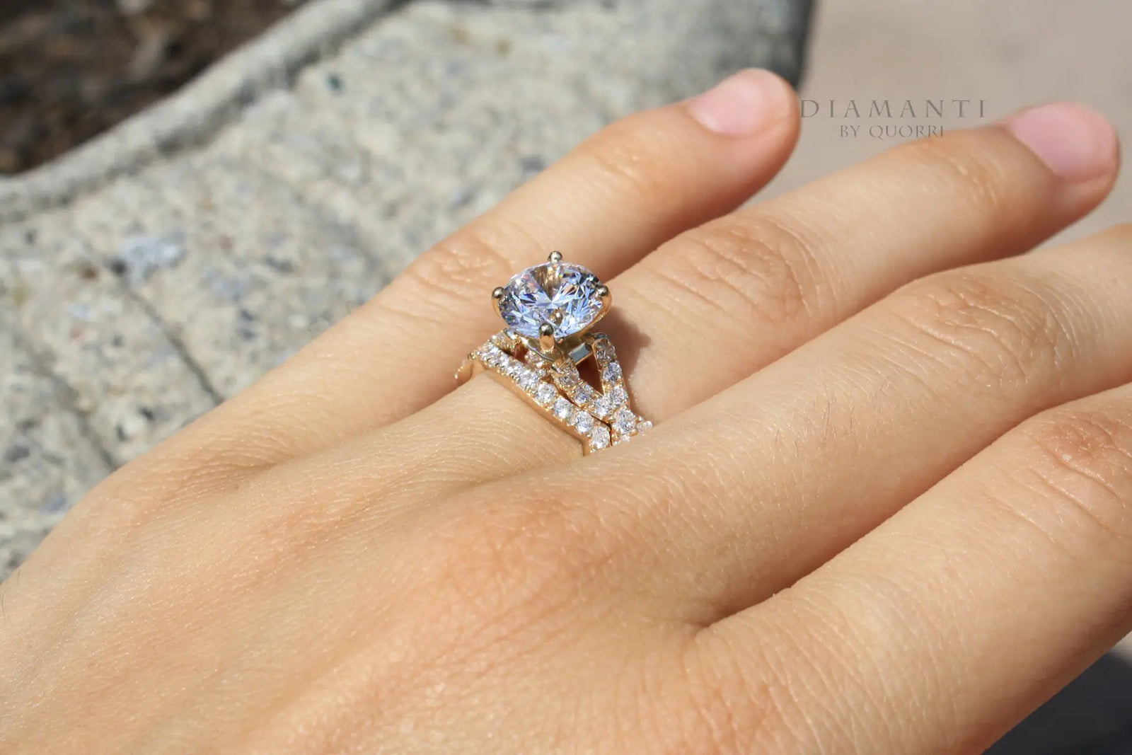 yellow gold split accented band 2ct round lab diamond engagement ring and wedding band