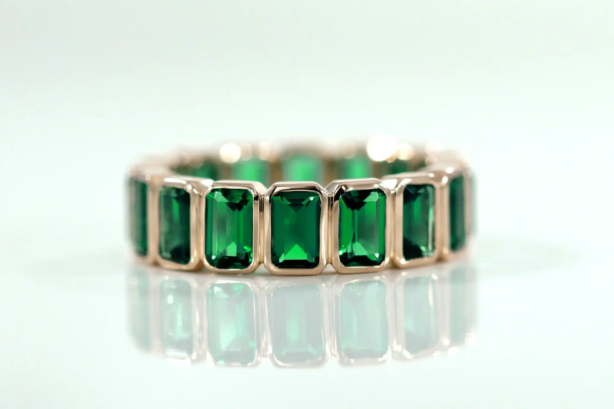 14k yellow gold full bezel 4ct.tw  lab grown green emerald eternity wedding and anniversary ring Quorri