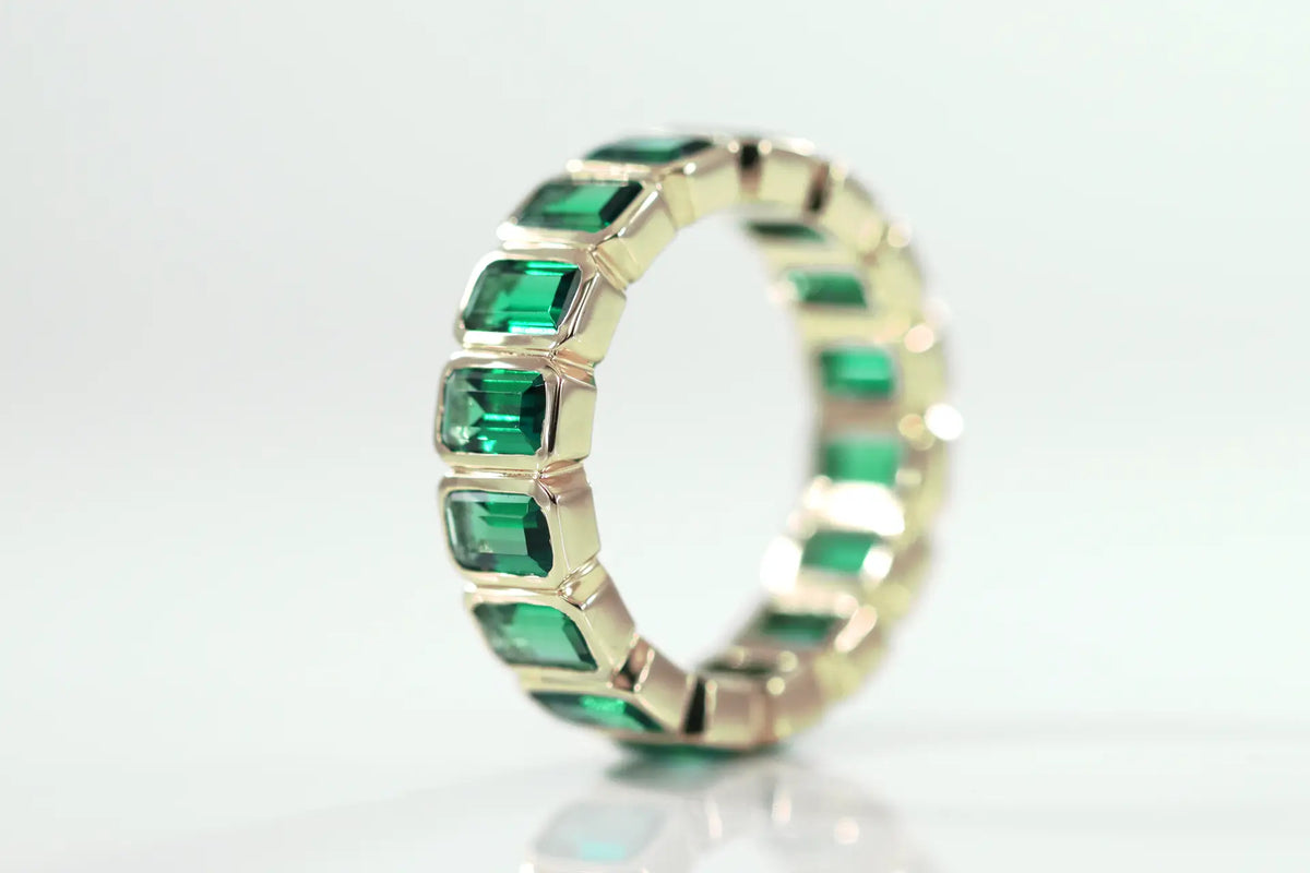 affordable designer 14k yellow gold full bezel 6ct.tw  lab grown green emerald eternity wedding and anniversary band Quorri Canada
