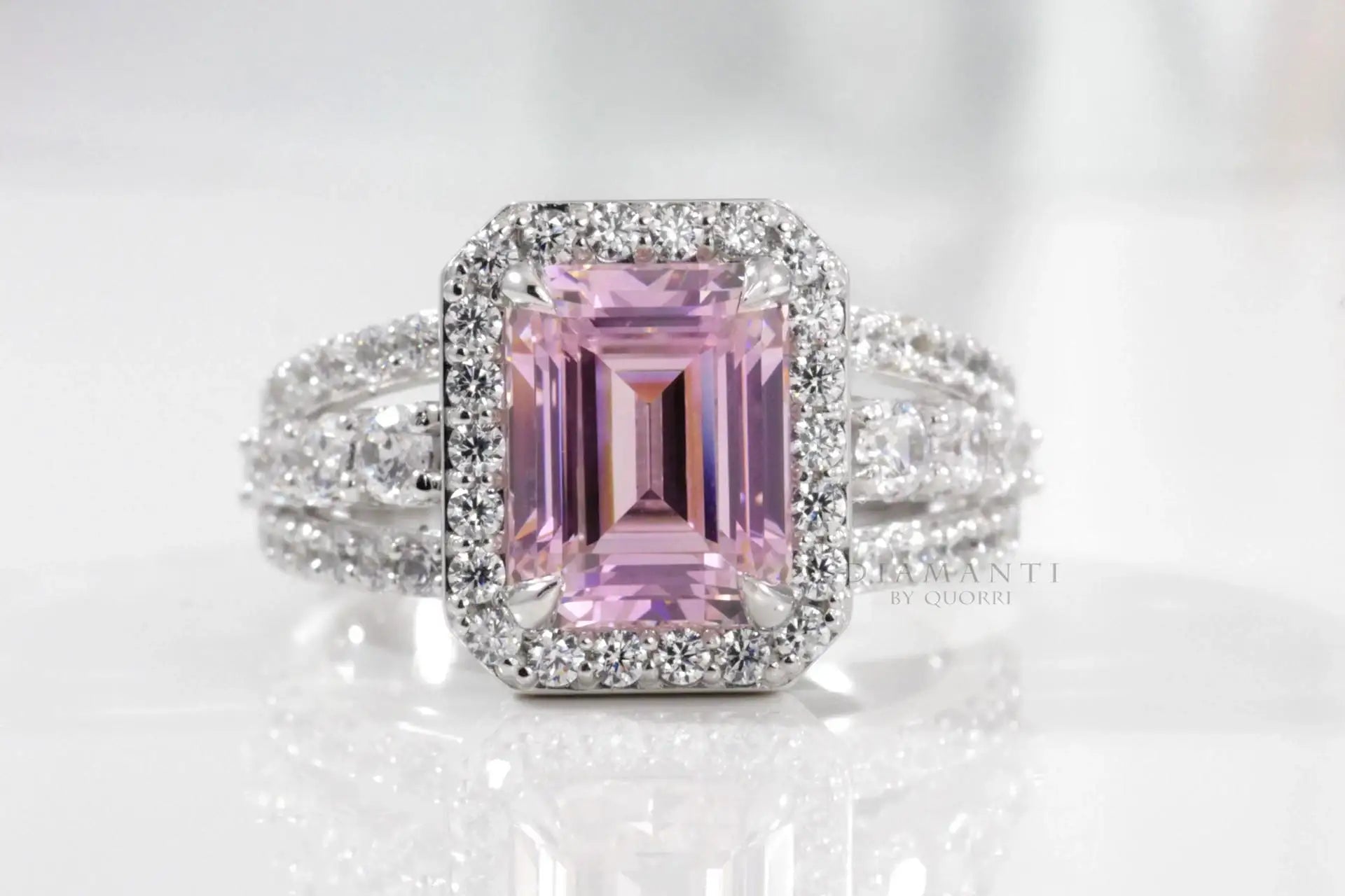 Platinum designer claw prong 2.5 carat pink lab grown sapphire and diamond halo engagement ring Quorri Canada