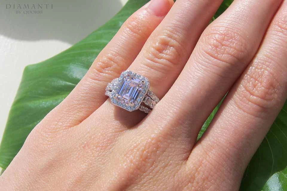 designer 18k white 2 carat pink lab grown sapphire and diamond claw prong halo engagement ring Quorri Canada