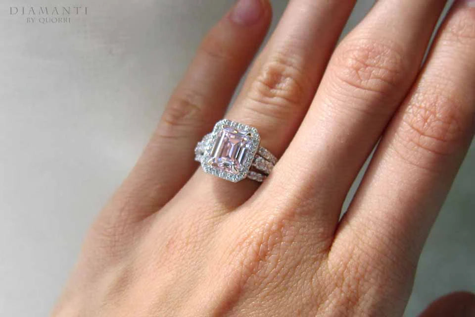 Canadian 18k white gold claw prong 2 carat light pink lab grown sapphire and diamond halo engagement ring Quorri Canada