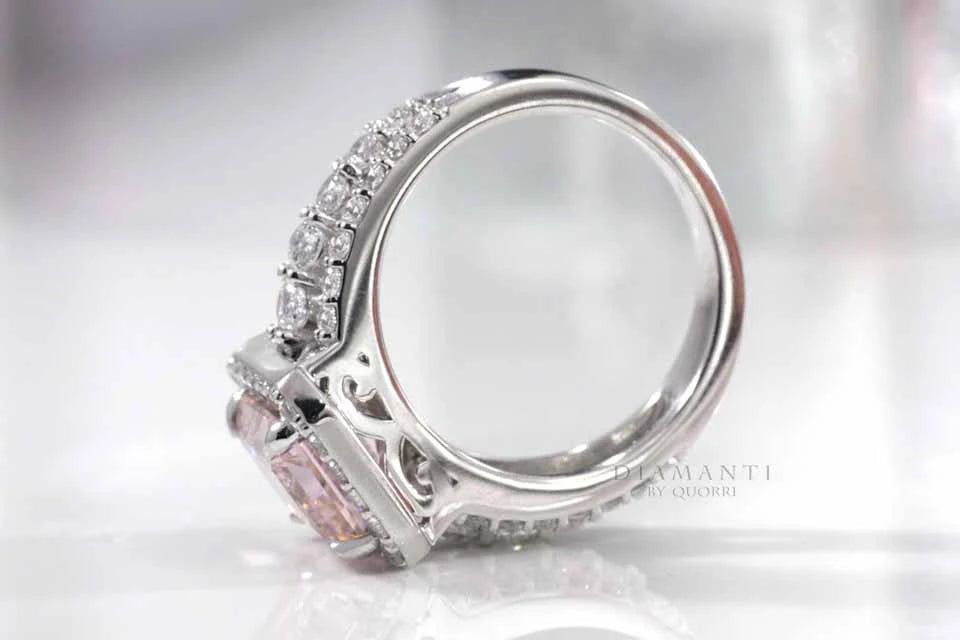 18k white gold claw prong 2.5 carat pink lab grown sapphire and diamond halo engagement ring Quorri Canada