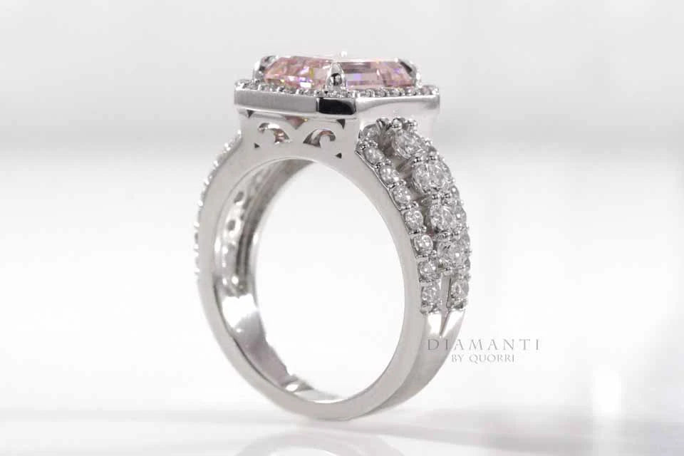 18k white gold claw prong 2 carat halo pink lab grown sapphire and diamond engagement ring Quorri Canada