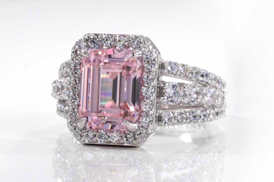 18k white gold claw prong 2 carat halo pink lab grown sapphire and diamond engagement ring Quorri Canada