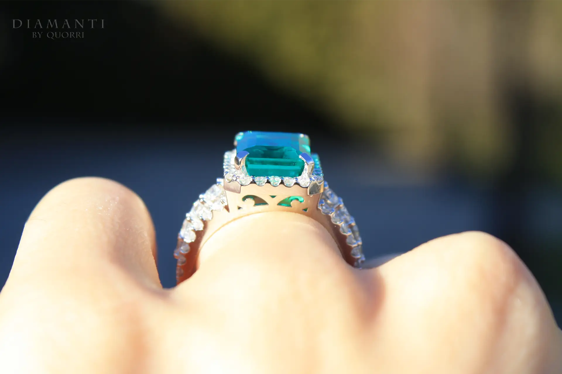 green lab created emerald diamond halo ring by quorri canada