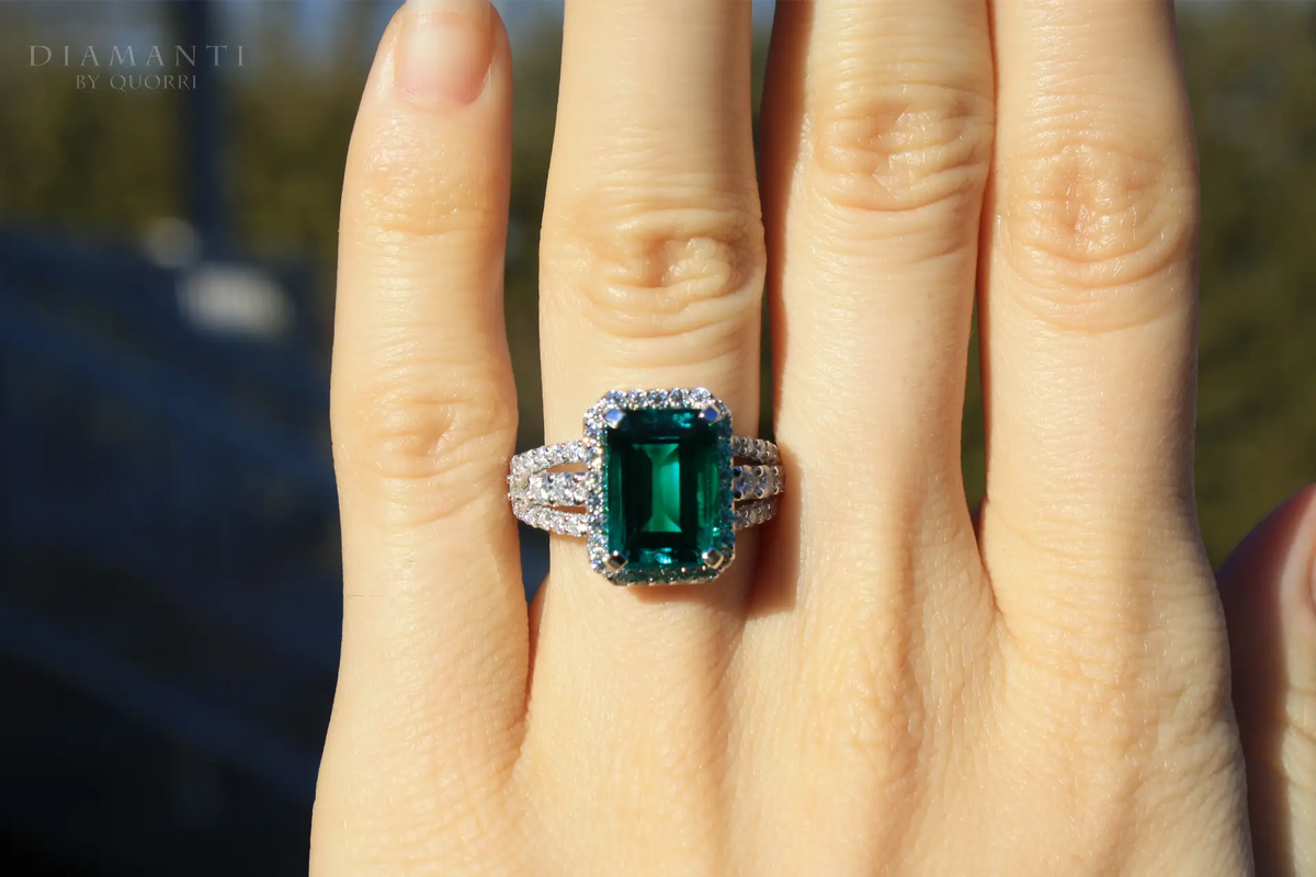 Canadian custom designer 2.5 carat lab grown green emerald and diamond engagement ring Quorri Canada
