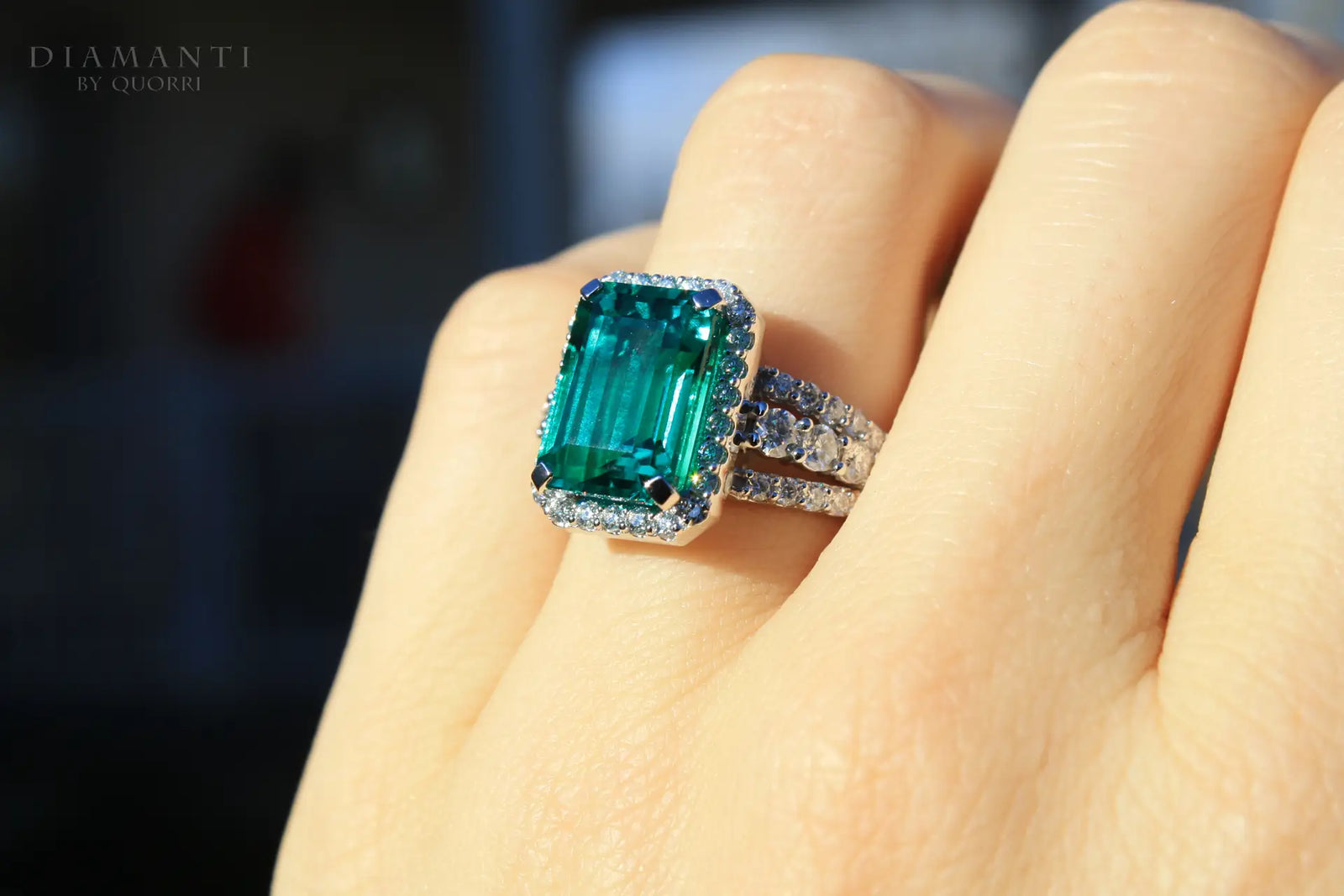 Canadian designer custom 3 carat halo lab created emerald and diamond engagement rings by Quorri 