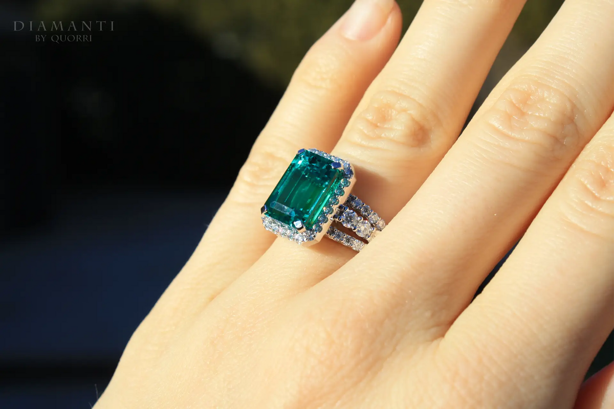 custom three row band 3 carat lab grown green emerald diamond estate rings by Quorri Canada