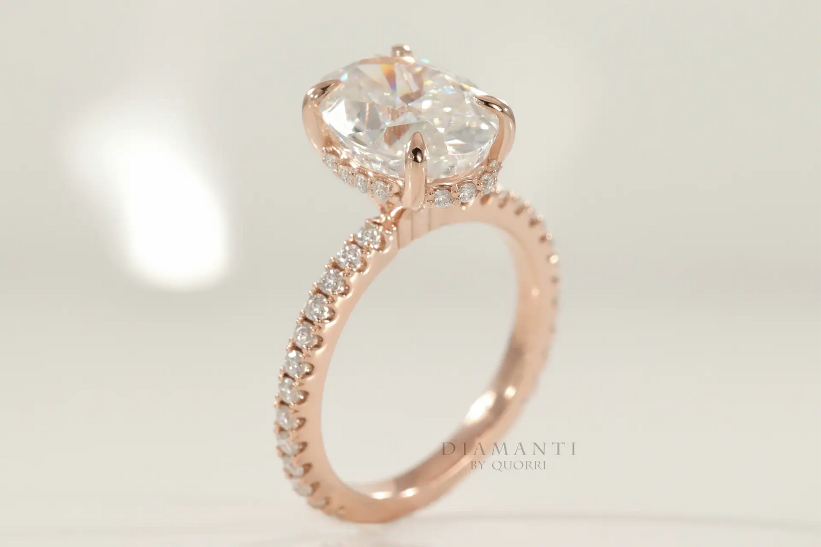 claw prong rose gold under halo oval lab diamond engagement ring