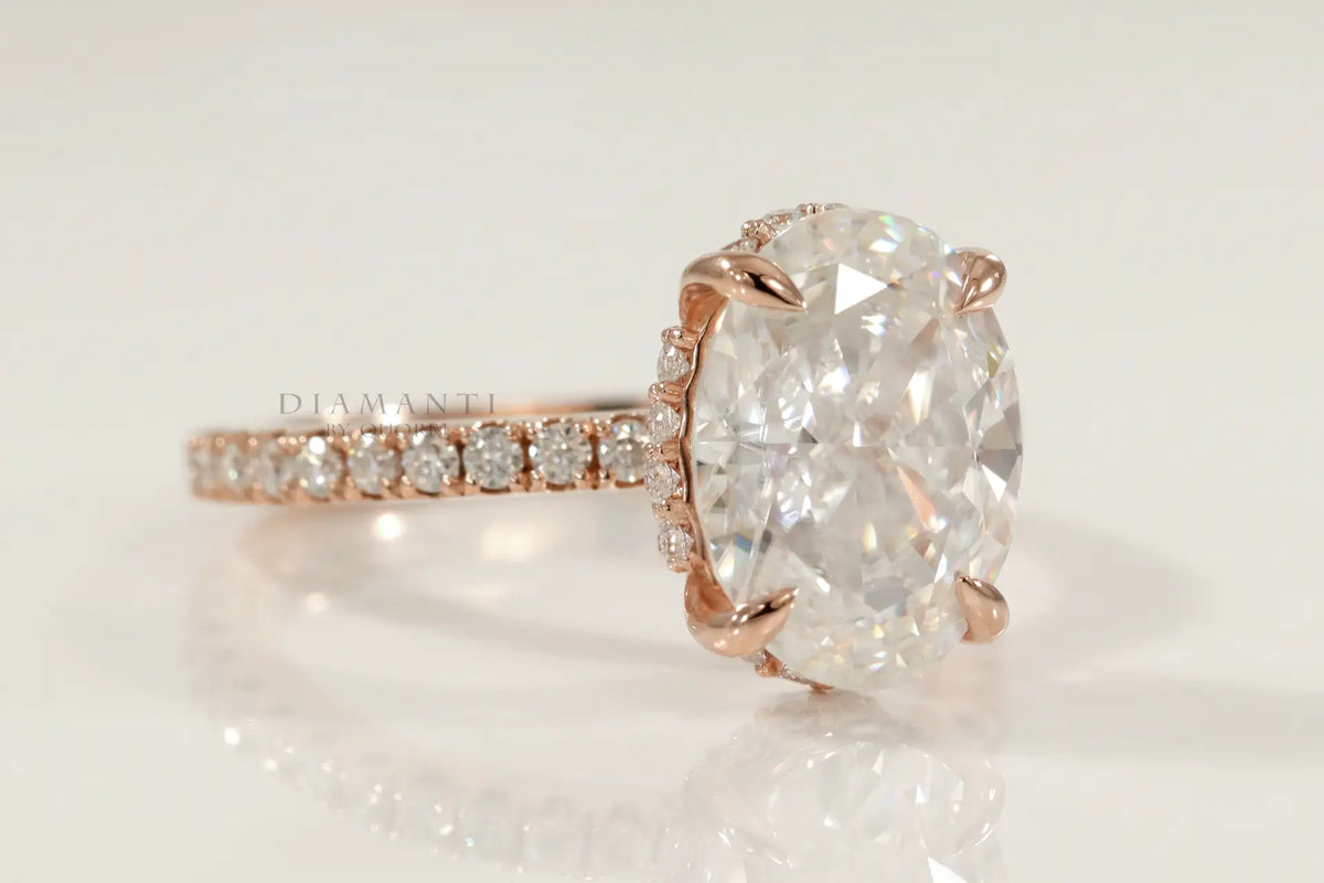 claw prong rose gold under halo oval lab diamond engagement ring