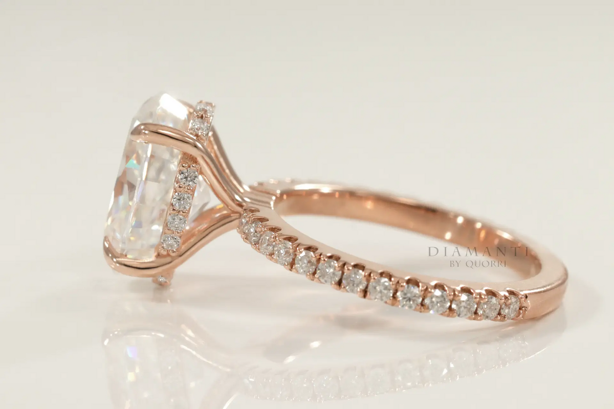 claw prong 14k rose gold under halo 3ct oval lab diamond engagement ring