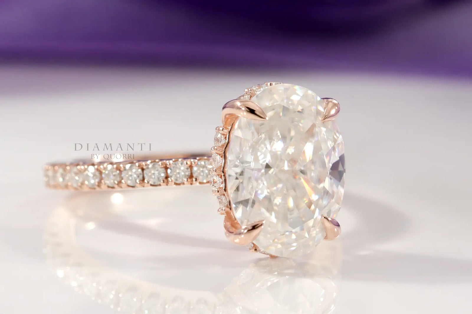 claw prong 18k rose gold under halo 3.5ct oval lab diamond engagement ring Quorri