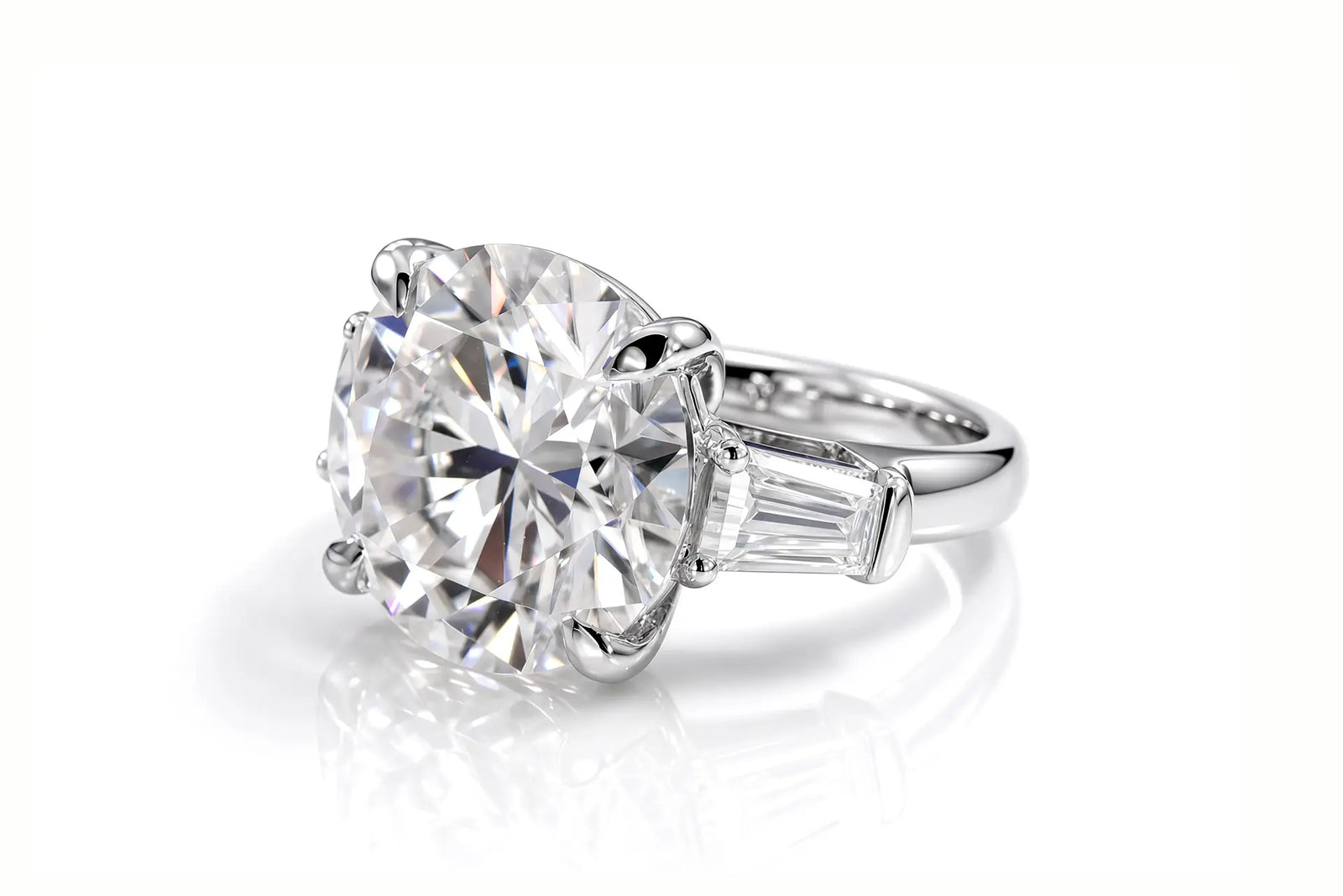 classic designer round and baguette three stone lab diamond engagement ring Quorri Canada