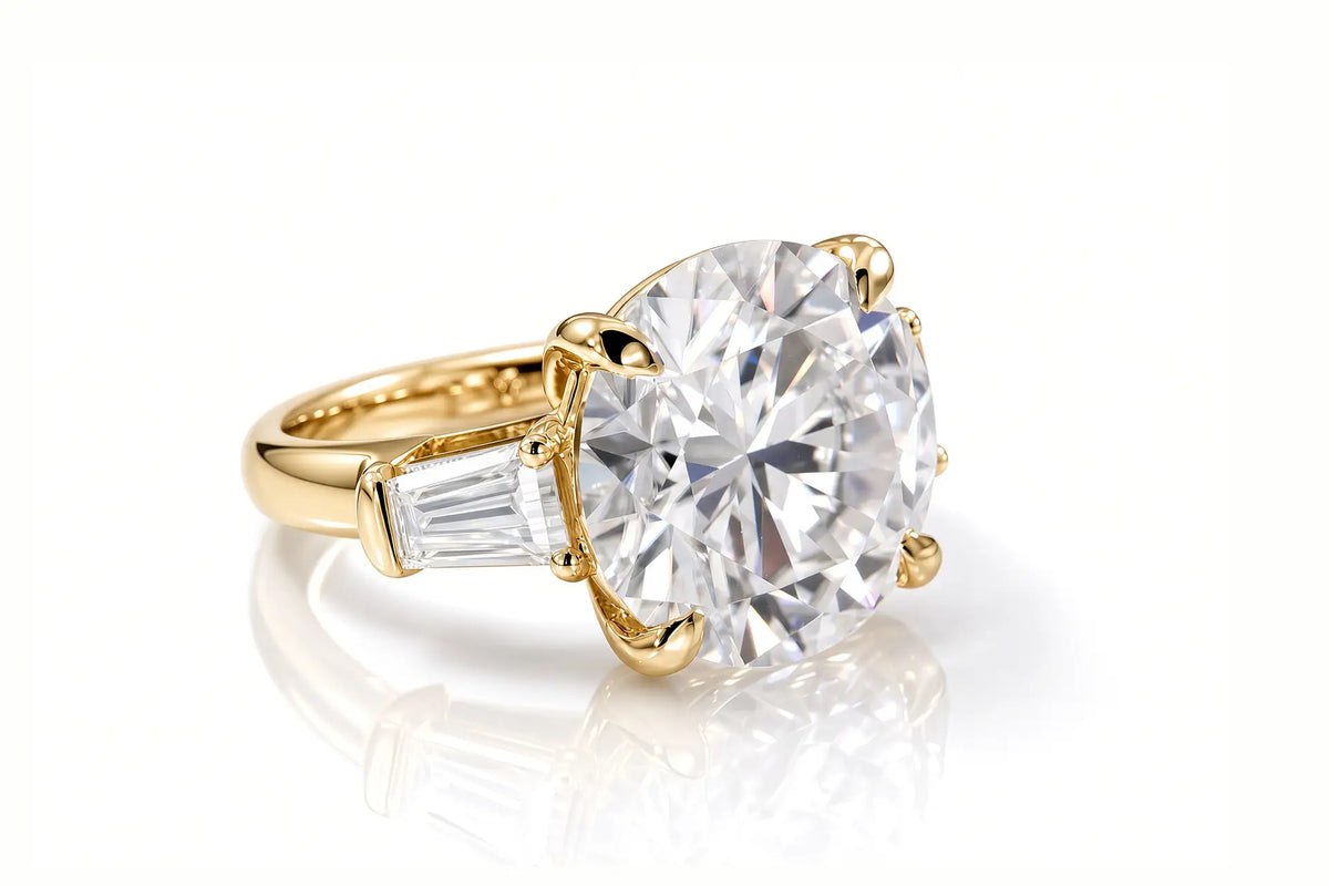 classic designer 3carat round and baguette three stone lab diamond engagement ring Quorri Canada
