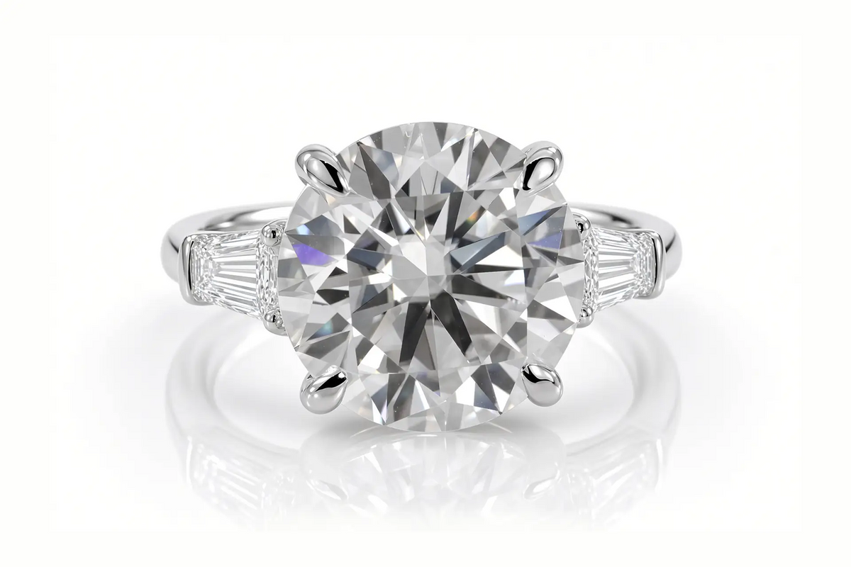 classic 5carat round lab diamond and baguette sides engagement ring Quorri Canada