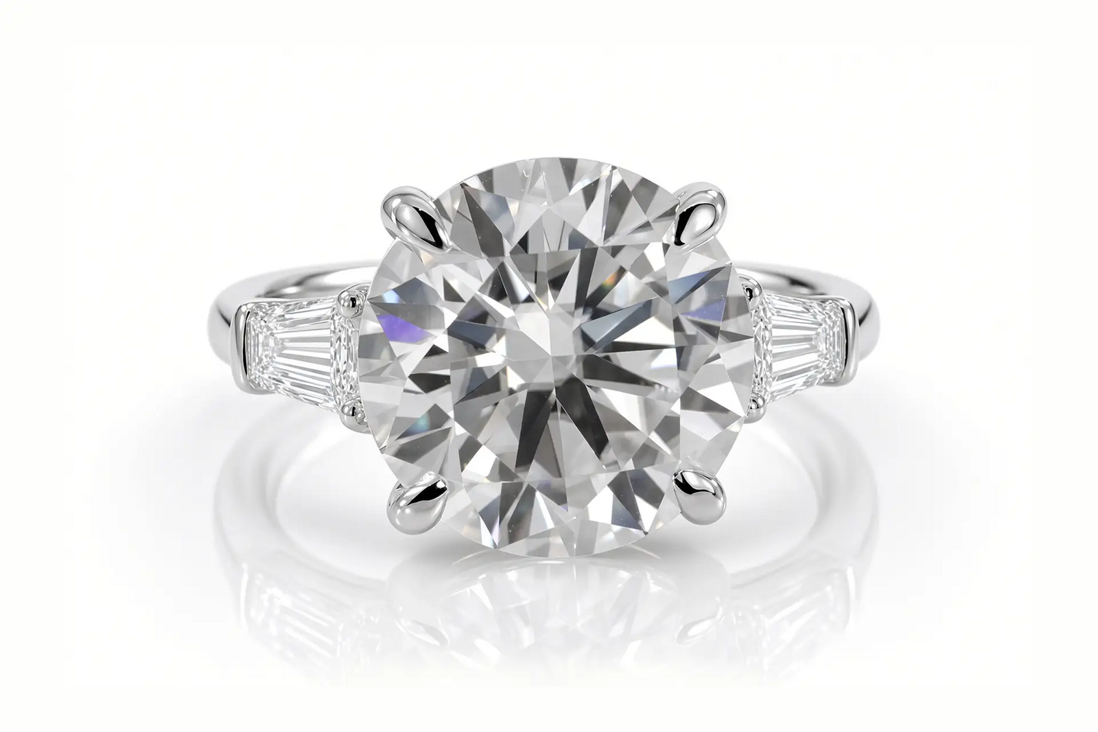 classic 5carat round lab diamond and baguette sides engagement ring Quorri Canada