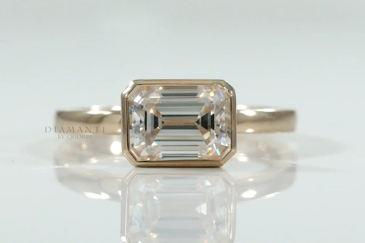affordable full bezel 2 carat lab grown diamond emerald cut 18k yellow gold engagement ring Quorri