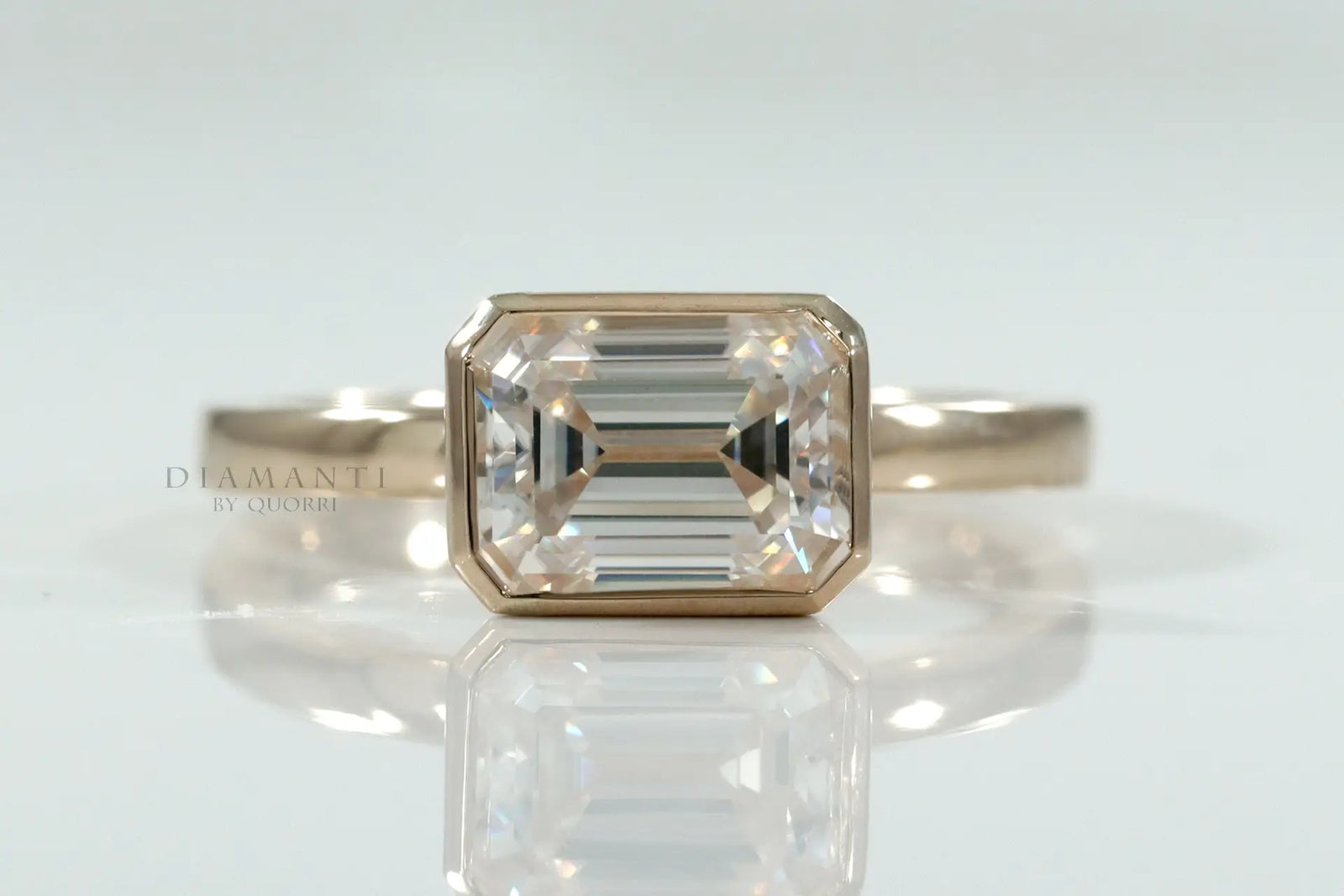 affordable full bezel 2 carat lab grown diamond emerald cut 18k yellow gold engagement ring Quorri