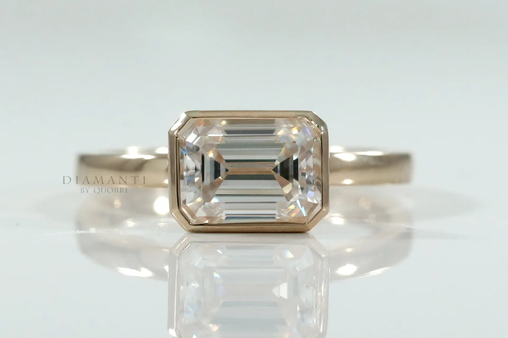 affordable full bezel 2 carat lab grown diamond emerald cut 18k yellow gold engagement ring Quorri