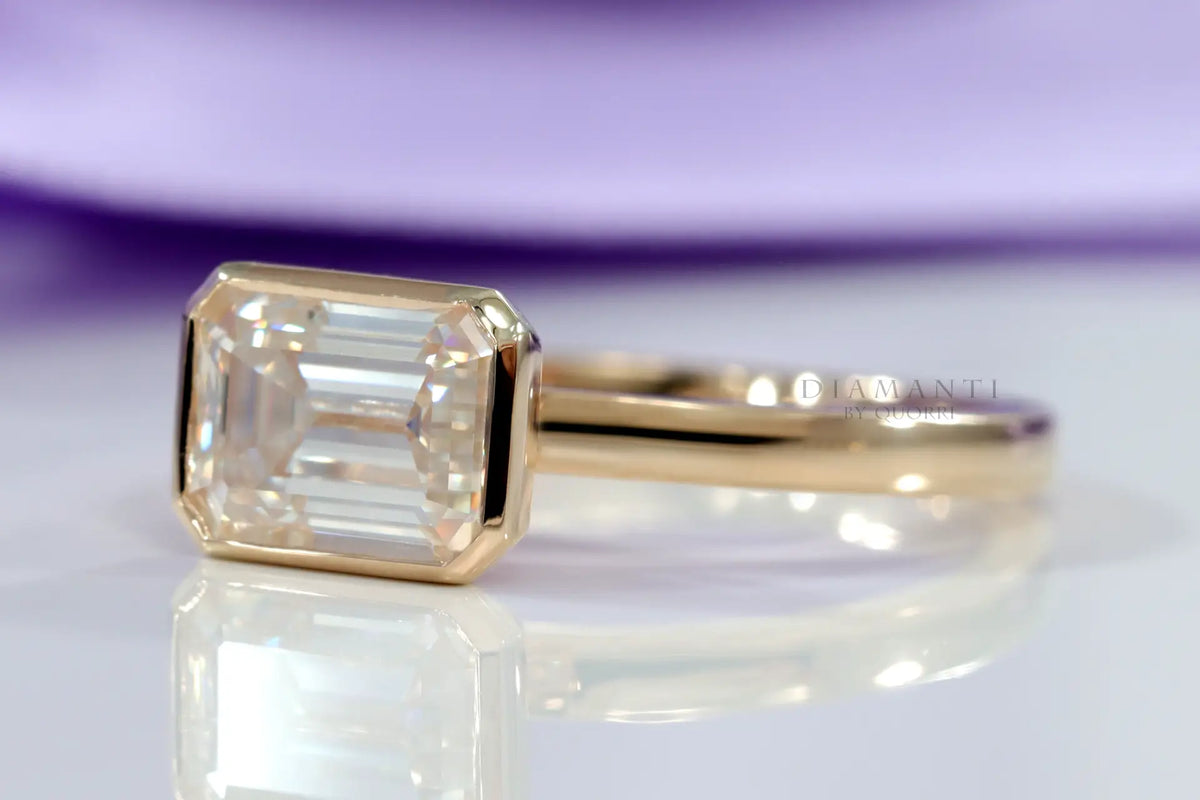 full bezel lab diamond emerald cut 18k yellow gold  engagement ring Quorri