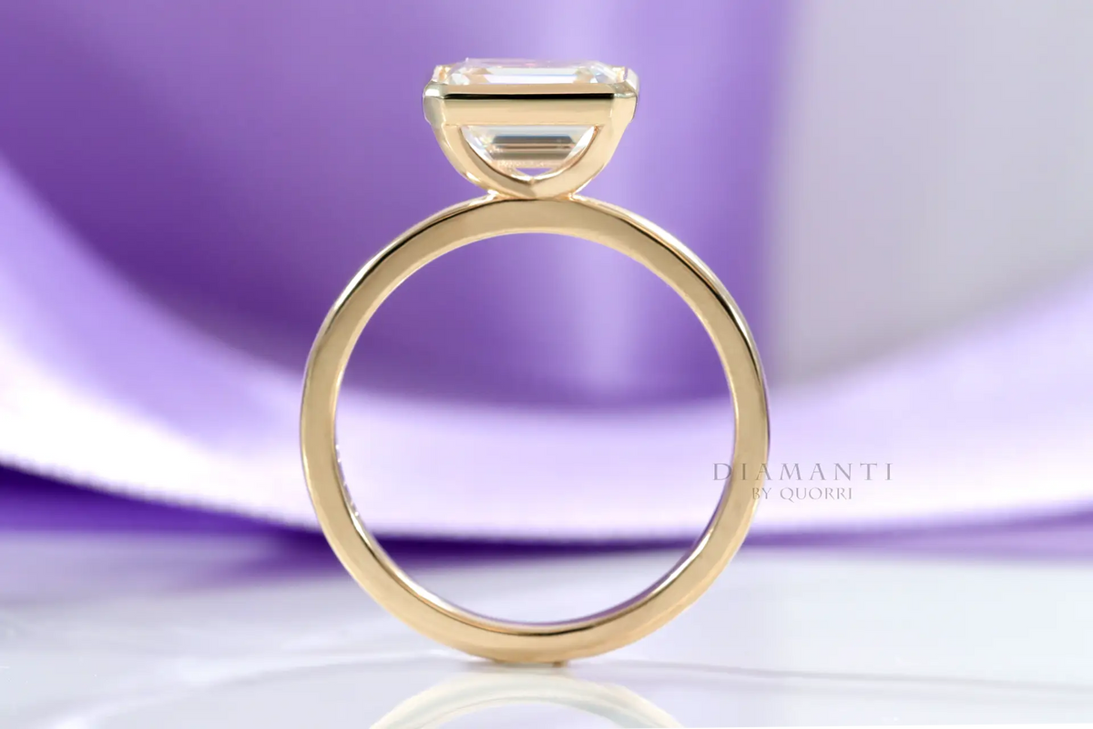 full bezel lab created diamond 2.5 carat emerald cut 18k yellow gold engagement ring Quorri Canada