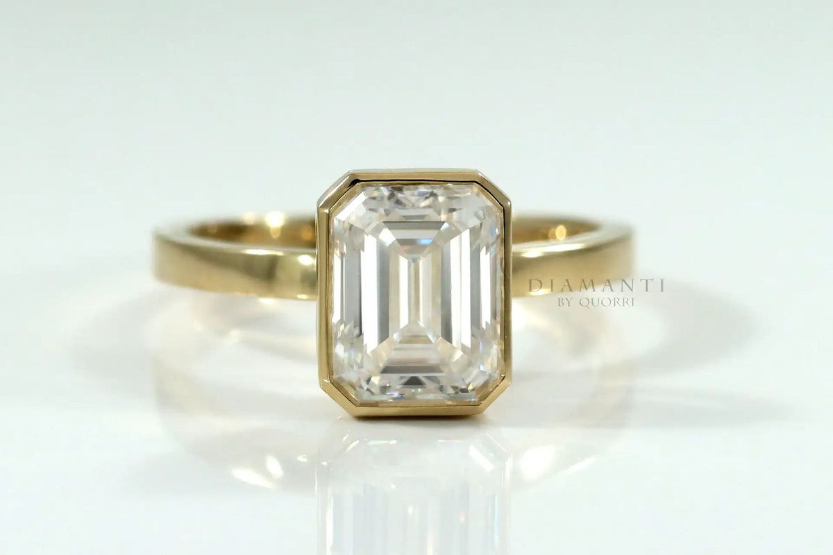 18k yellow gold full bezel emerald cut lab diamond engagement ring Quorri Canada
