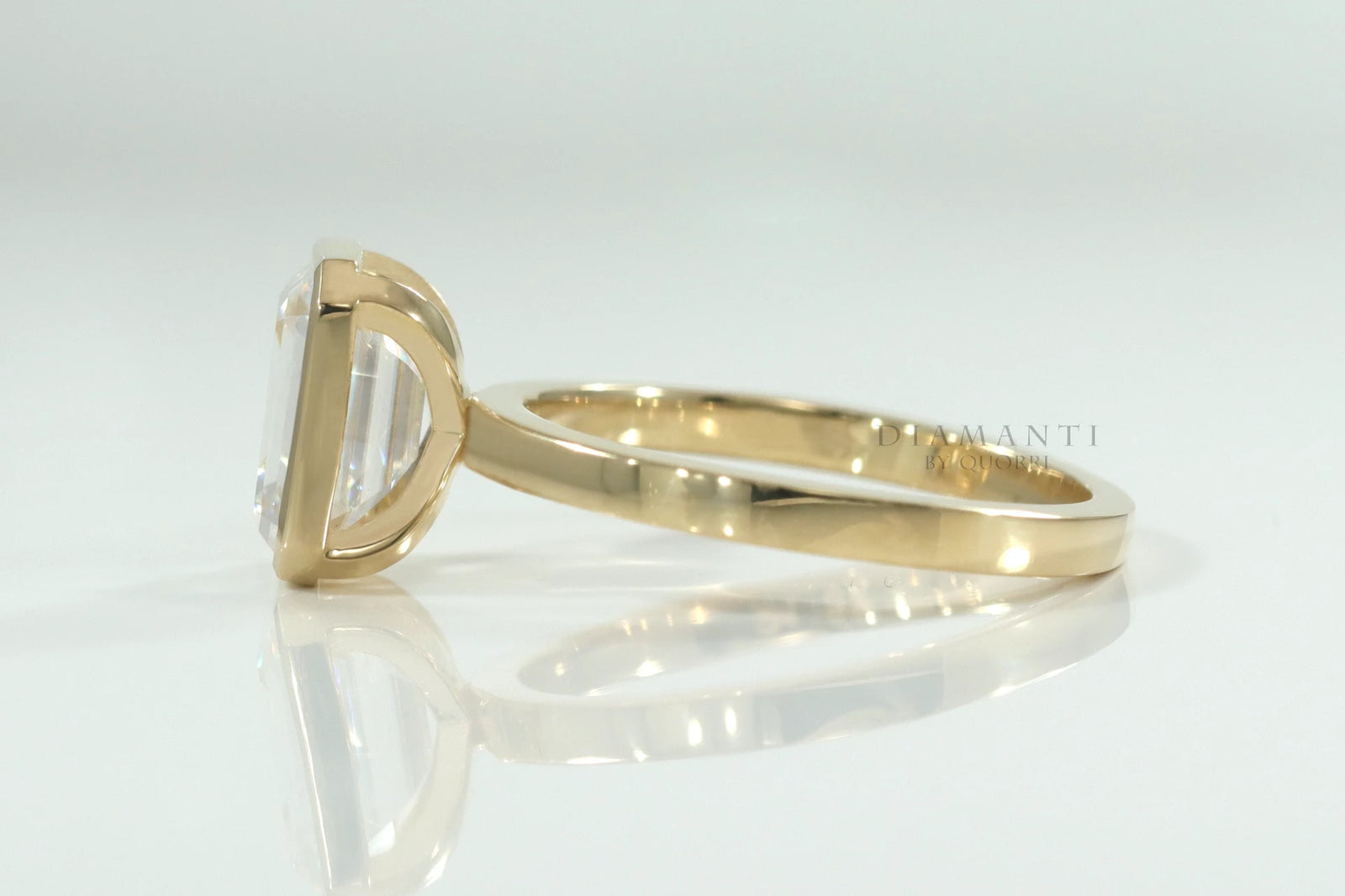 18k yellow gold full bezel 2.50 carat emerald cut lab created diamond engagement ring Quorri Canada
