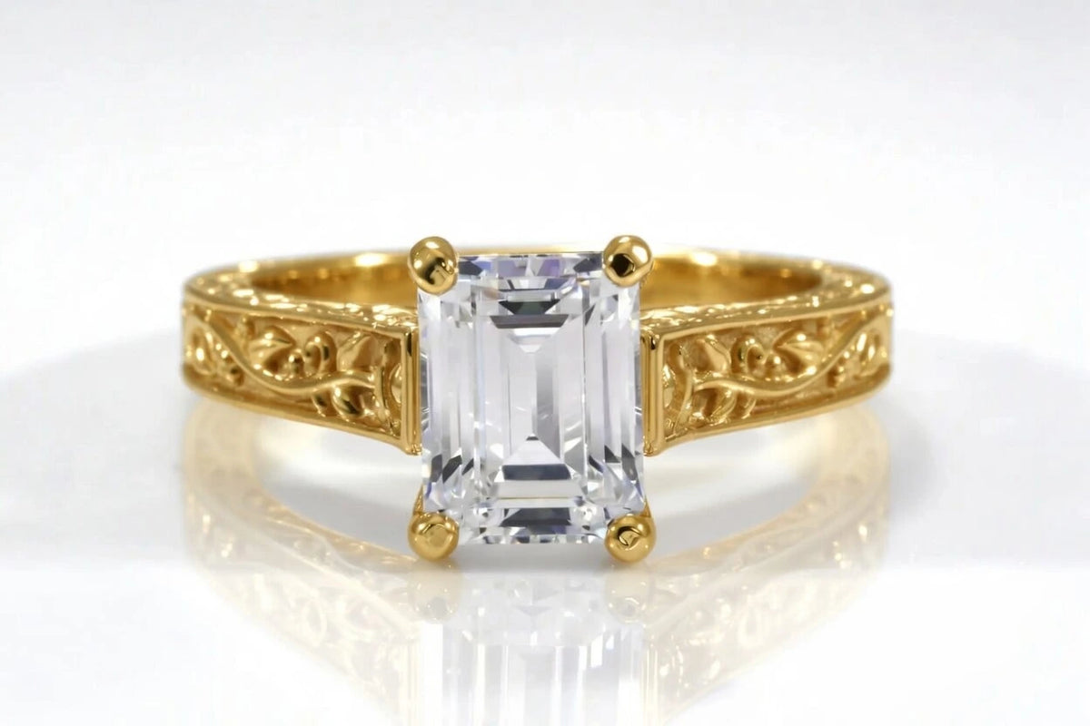 Juliet 18k yellow gold rose engraved emerald lab grown diamond engagement ring - Quorri