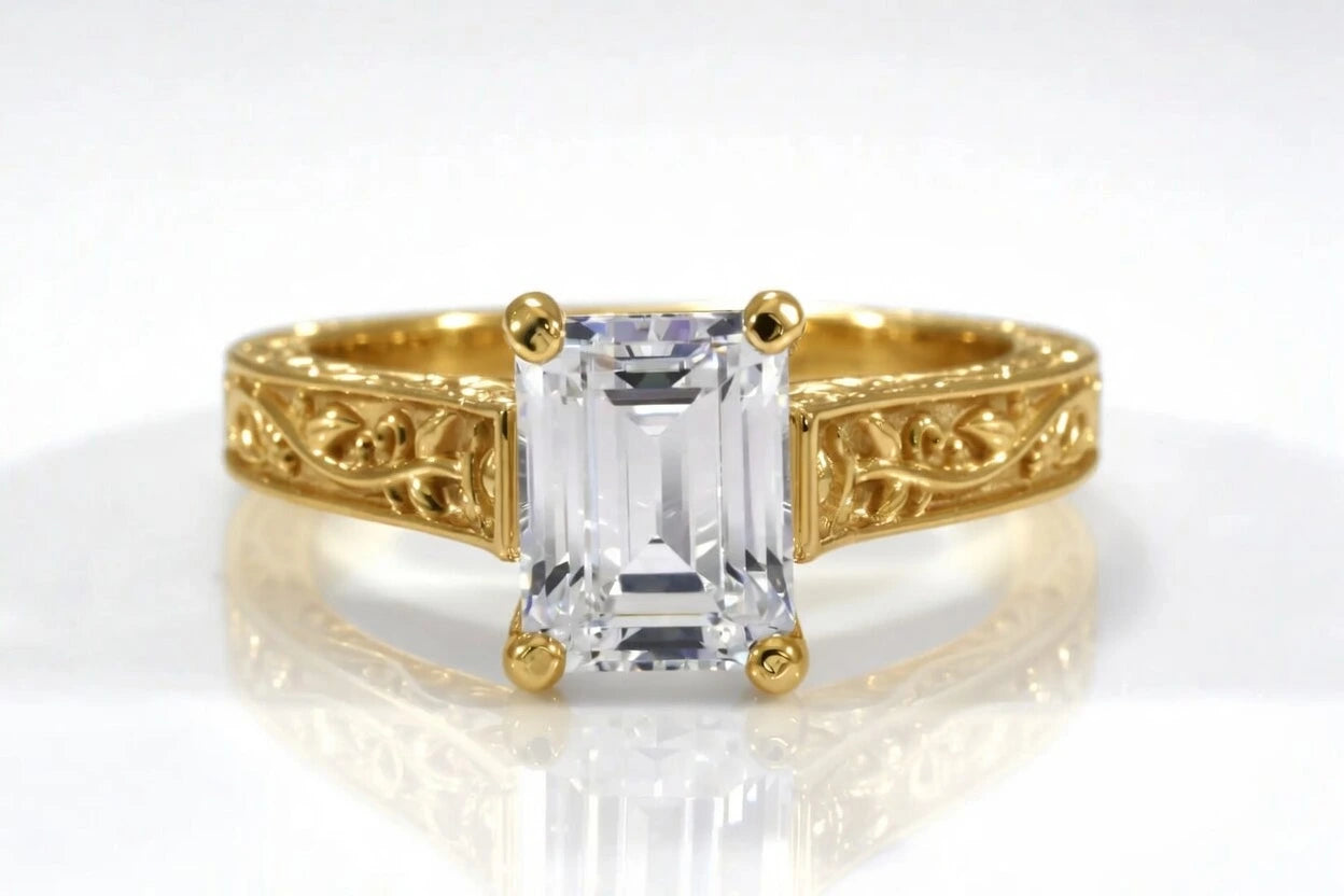 Juliet 18k yellow gold rose engraved emerald lab grown diamond engagement ring - Quorri