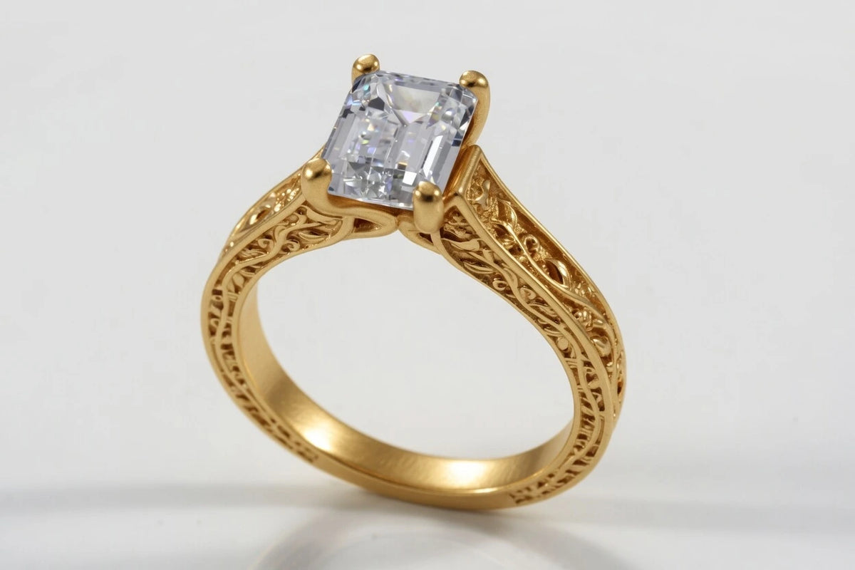 2 carat lab grown diamond emerald  engagement ring in yellow gold with roses motif - Quorri