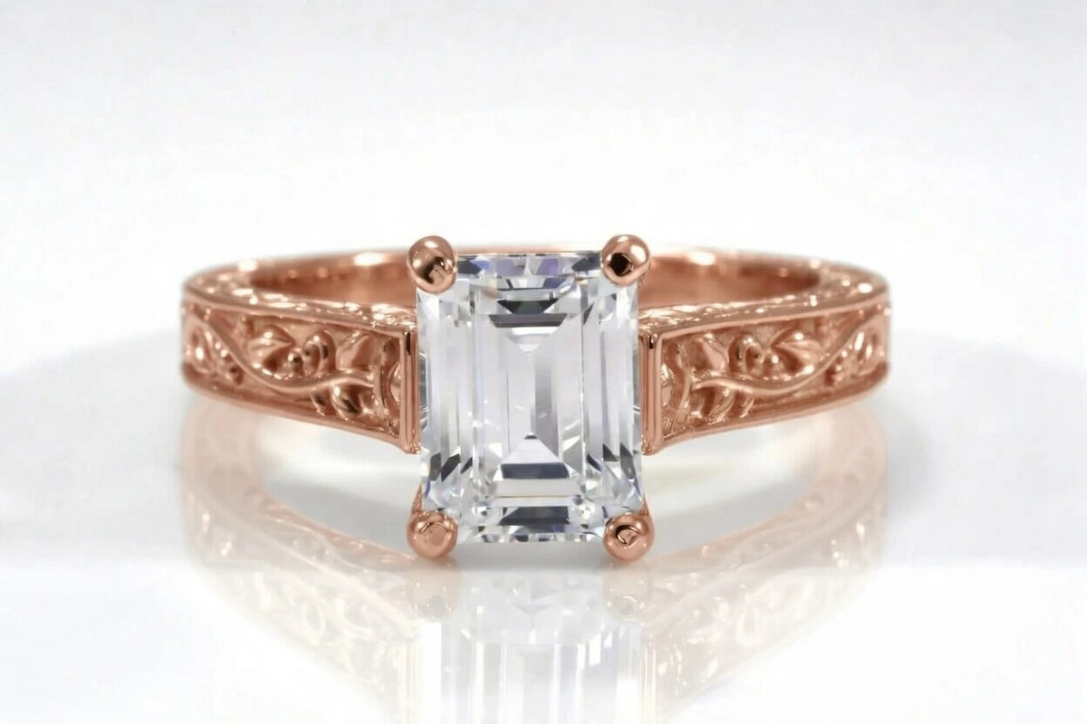 2 carat lab diamond emerald rose gold engagement ring with roses motif - Quorri