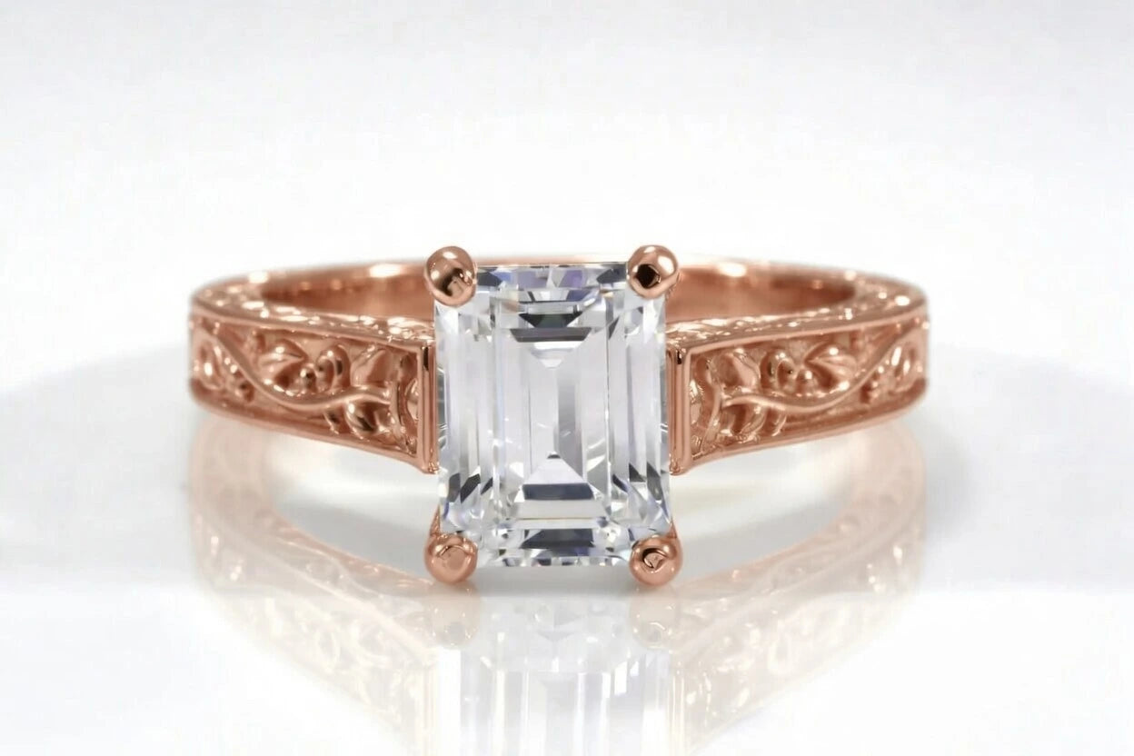 2 carat lab diamond emerald rose gold engagement ring with roses motif - Quorri