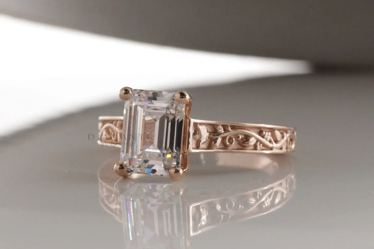 14k rose gold rose vine motif emerald cut lab diamond solitaire engagement ring