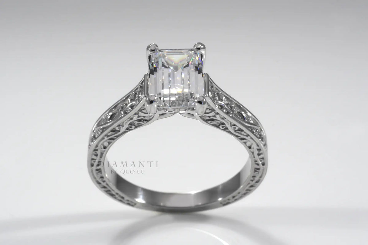 four prong rose motif 2.00 carat emerald cut lab diamond solitaire engagement ring