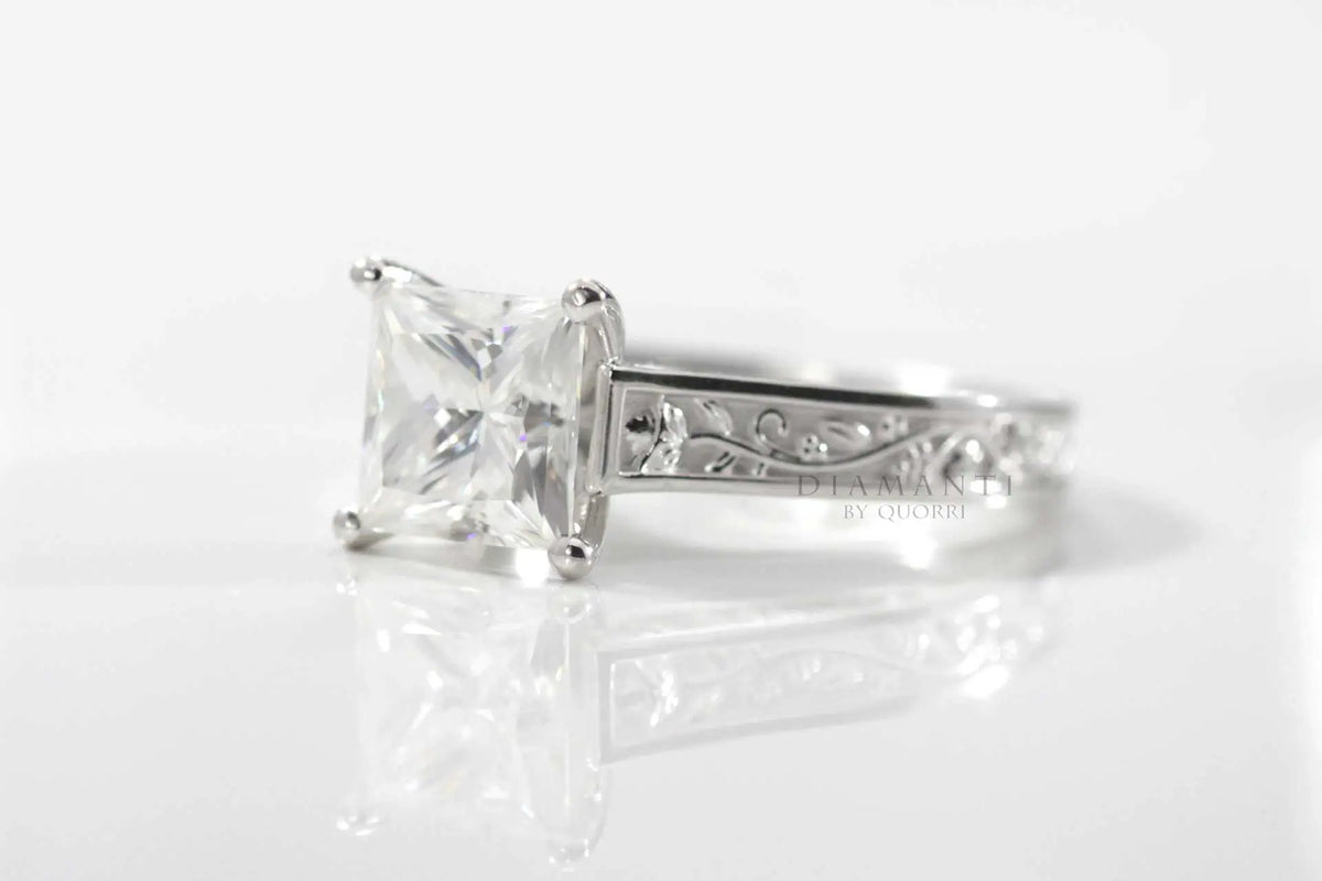 rose engraved princess cut lab diamond engagement ring at Quorri Canada