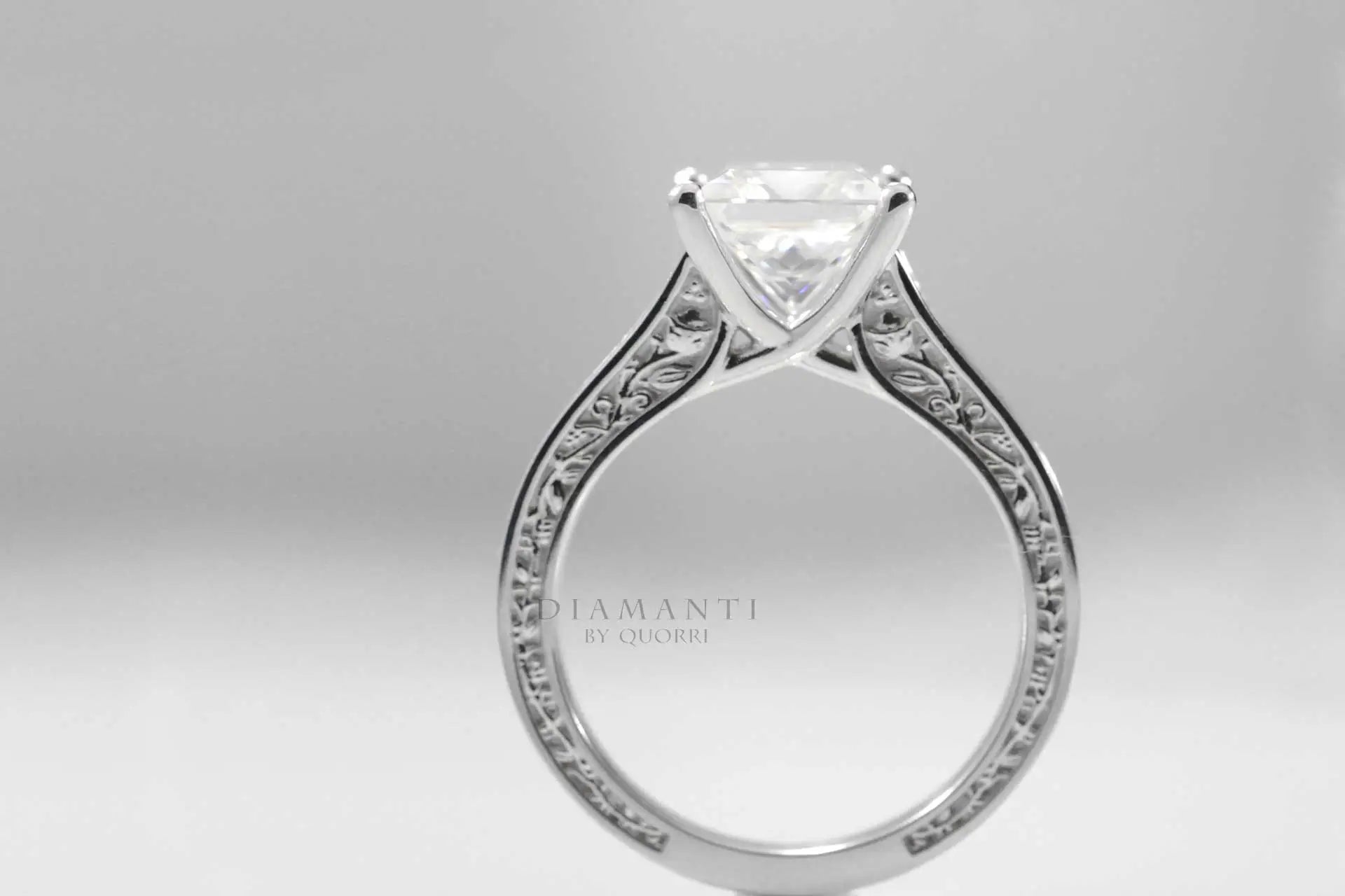 rose engraved 18k white gold 3 carat princess cut lab diamond engagement ring at Quorri Canada