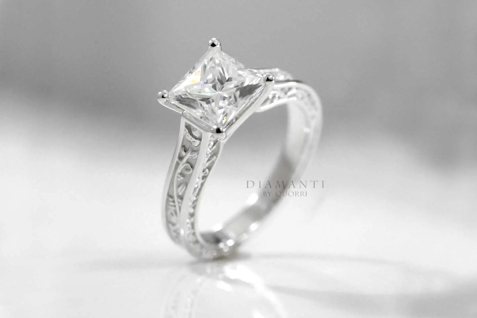 rose engraved 14k white gold 2.5 carat princess cut lab grown diamond engagement ring at Quorri Canada
