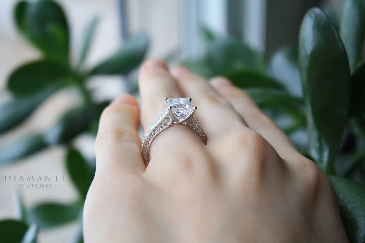 affordable rose engraved platinum 3.5 carat princess cut lab diamond engagement ring at Quorri Canada