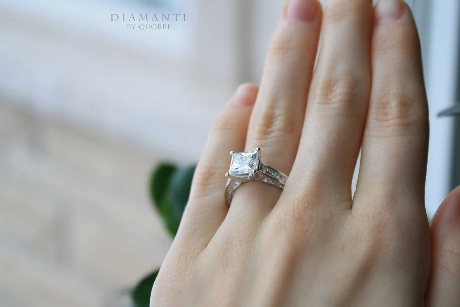 roses engraved 4 carat princess cut lab diamond engagement ring at Quorri Canada