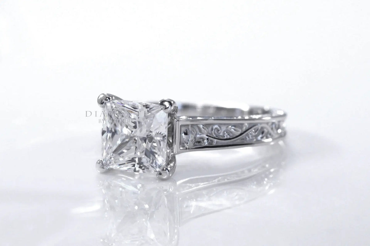 rose engraved platinum 3.5 carat princess cut lab made diamond engagement ring at Quorri Canada
