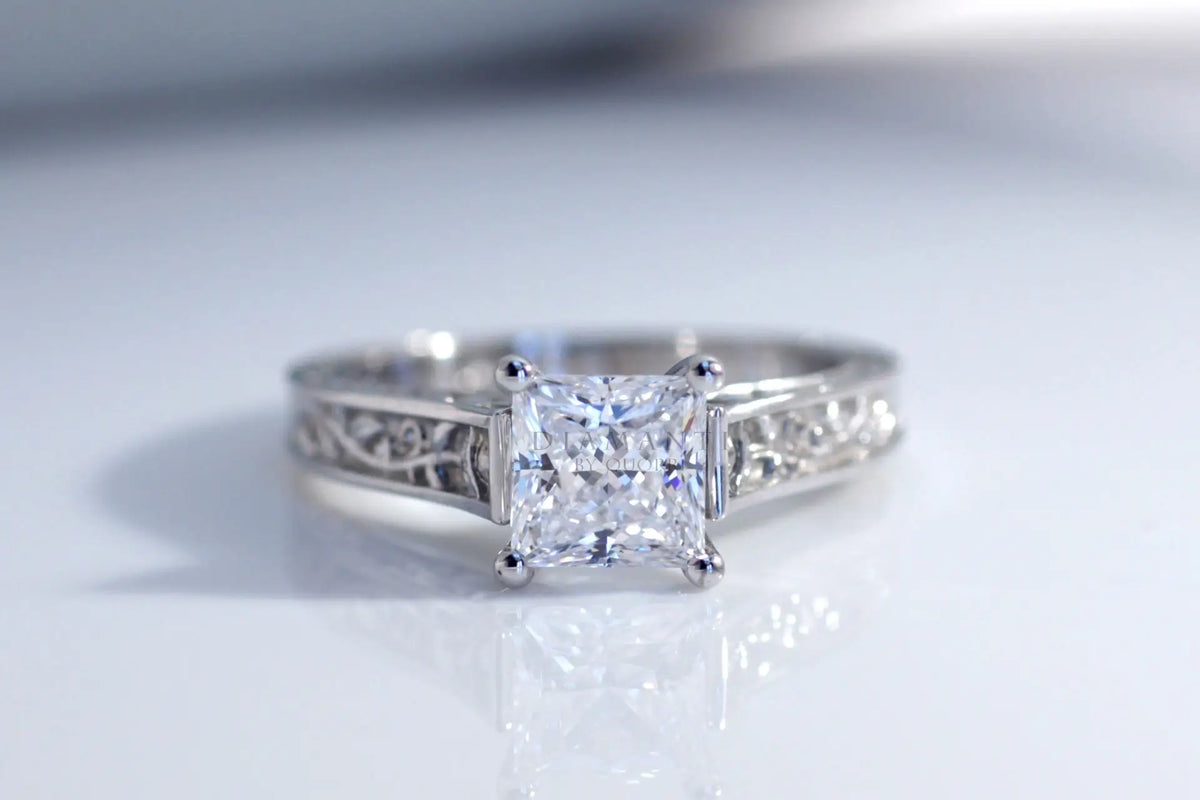 affordable rose engraved white gold 2.5 carat princess cut lab created diamond engagement ring at Quorri Canada
