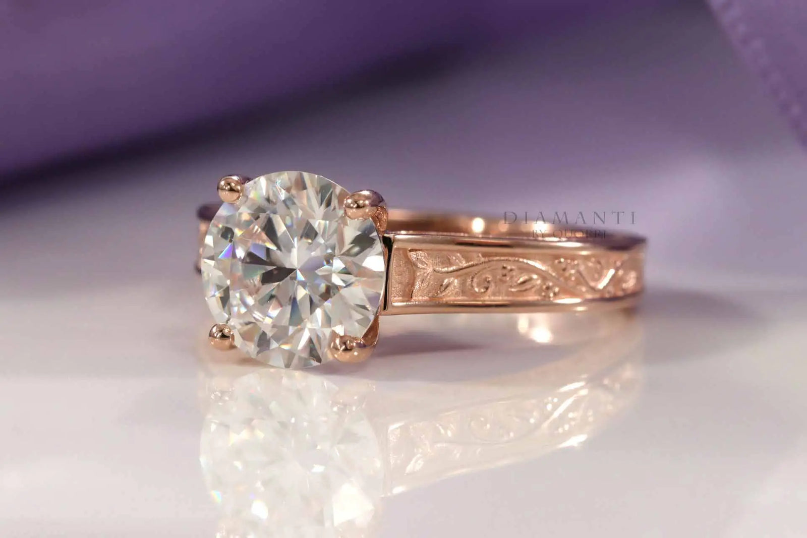 14k rose gold antique rose motif round lab made diamond engagement ring